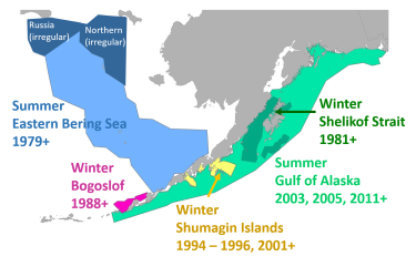 Map of the Gulf of Alaska and Bering Sea showing the locations of several acoustic-trawl surveys